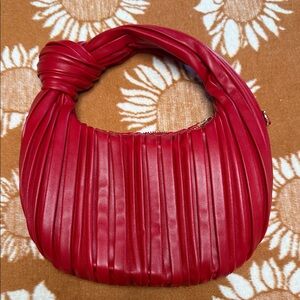 Red Pleated Knot-Handle Women’s Shoulder Bag with Gold Shoulder Strap
